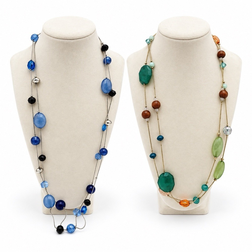 Lot of 2 Long Beaded Station Necklaces Blue Green Multicolor Boho 60"